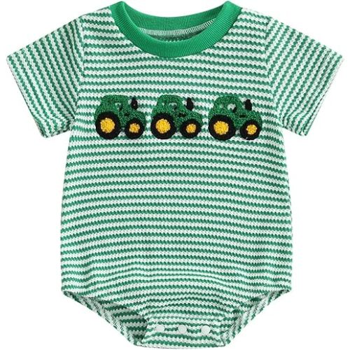 3-6 Months Baby Boy Summer Outfit Striped Bubble Romper Waffle Farm Tractor Short Sleeve Bodysuit Country Clothes