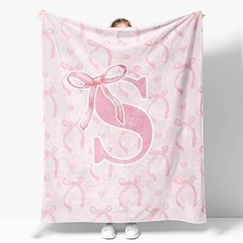 Coquette Pink Bow Throw Blanket,Personalized Initial S Soft Fluffy Cozy Flannel Blanket,Monogrammed Gifts for Daughter Women Teen Girls,Customized Blanket for Bedding Bedroom Office,50x60 Inches