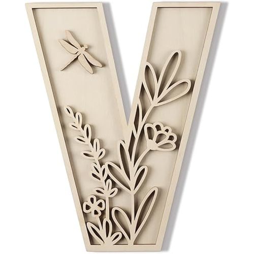 Layered 12 Inch Large Wooden Letters for Wall Decor, Flowered Paintable Wooden Nursery Letters for Crafts Wood Alphabet Letter V for Birthday Boho Nursery Name Sign Wedding Home Decoration