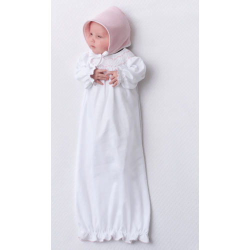 Sweetly Smocked Greeting Gown - Worth Avenue White with Palm Beach Pin