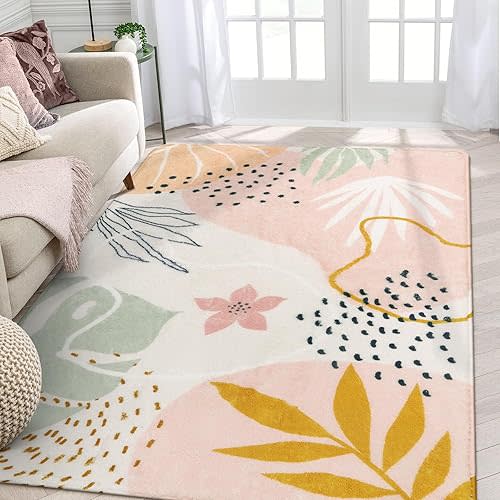 Lahome Pink Rug Machine Washable Area Rugs - 6x9 Non-Slip Large Living Room Rug Lightweight Throw Soft Carpet for Bedroom, Boho Botanical Print Ultra-Thin Indoor Rug for Classroom Nursery Dining Room