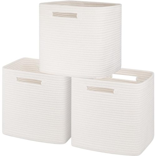 Storage Cubes Cotton Rope Woven Baskets for Organizing, 3-Pack 11 * 11 Inches Shelf Storage Basket|Cube Storage Bin|Square Baskets, Living Room, Baby Room-White