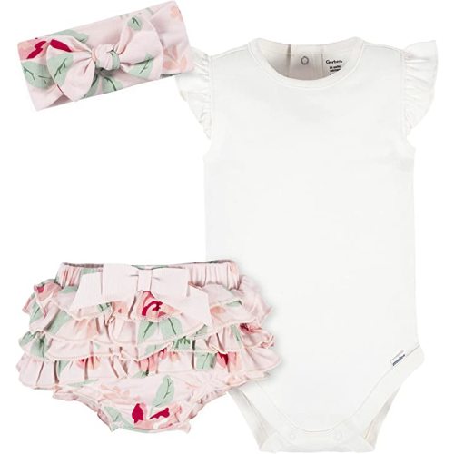 Gerber baby-girls 3-piece Short Sleeve Onesies, Diaper Cover & Headband Set - Pink Rose