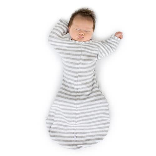 SwaddleDesigns Transitional Swaddle Sack with Arms Up Half-Length Sleeves and Mitten Cuffs, Medium, 3-6 Months, 14-21 lb, Heathered Gray Stripes (Arms Up Swaddle, Transition Swaddle Sleep Sack)