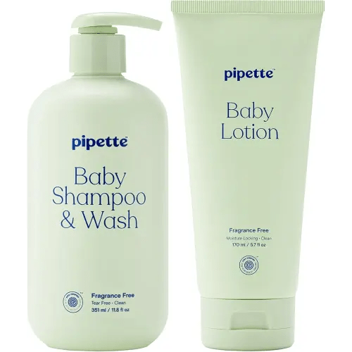 Pipette Fragrance Free Wash and Lotion Duo, Pack of 2, Fragrance Free Baby Shampoo and Body Wash, Unscented Lotion for Newborns, Sensitive Skin, and Kids, Tear-Free Bath Time, Hypoallergenic