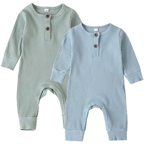 Infant Baby Boy Girl 2 Pack Solid Romper Ribbed Knit Short Long Sleeve One Piece Jumpsuit Clothes