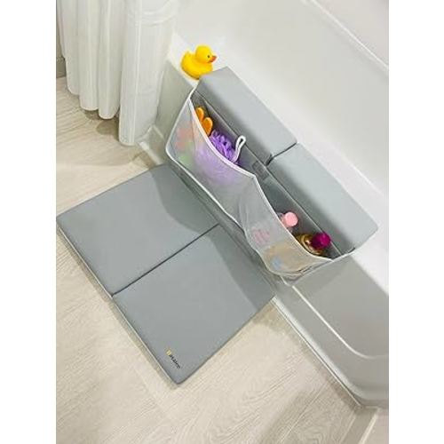 BATALEE Baby Bath Kneeler and Elbow Kneeling Rest Pad Set-Thick Non-Slip Painless Foam Kneeling Pad with Bathtub- Knee Saver with 4 Pockets Toy Organizer for Happy Baby Bathing Time-15 Inch (Grey)