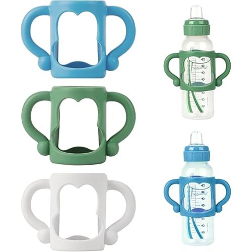 Bottle Handles for Dr. Brown's Narrow Baby, Wide-Neck, Removable Easy-Grip Transitional Sippy Cup Handles, 100% Silicone-BPA-Free Material, 4m+ (White, Green, Blue)
