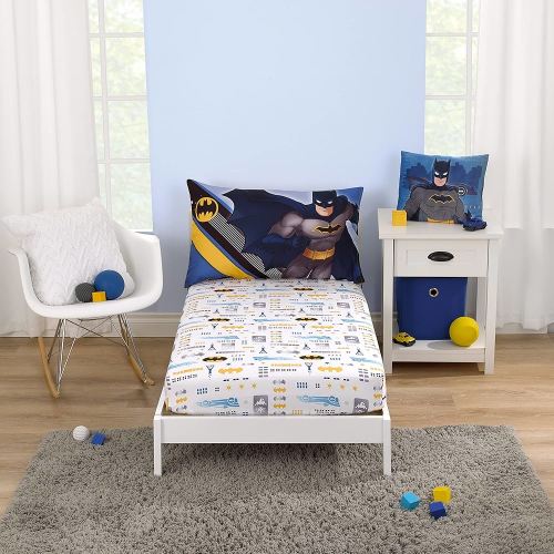 Warner Brothers Batman The Caped Crusader Blue, Gray, and Yellow Bat-Signal and Batmobile 2 Piece Toddler Sheet Set - Fitted Bottom Sheet and Reversible Pillowcase