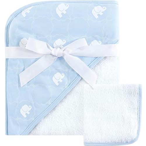 Hudson Baby Unisex Baby Cotton Hooded Towel and Washcloth, Blue Elephant, One Size