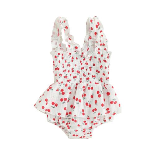 Baby Girl Square Neck Cherry Print Shirred Sleeveless Romper Dress