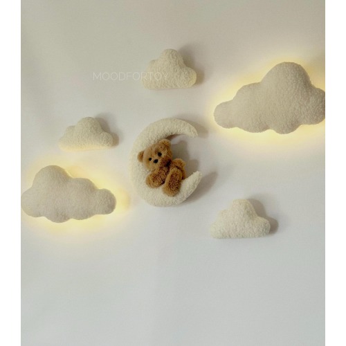 Nursery wall decor Night Light set nursery Bear moon clouds boucle Teddy bear nursery lamp Soft wall decor neutral gender Hanging wall decor