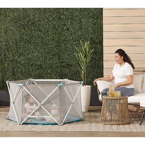 Regalo My Portable Play Yard Indoor and Outdoor, Washable, White/Gray/Teal, 6-Panel - 6-Panel Teal
