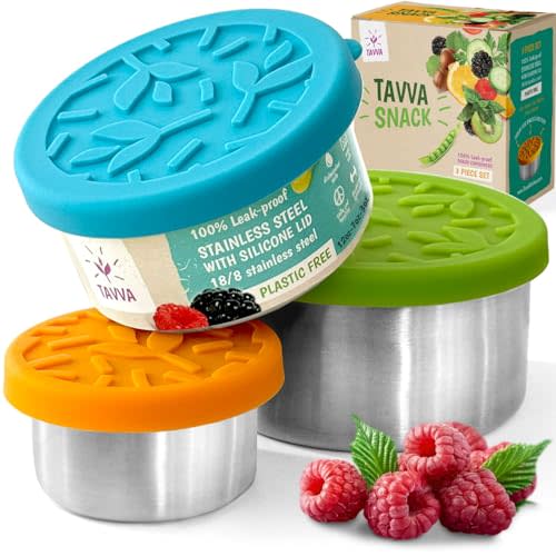 TAVVA Stainless Steel Lunch Containers for Kids [12oz/ 7oz/ 3oz] - BPA-Free Metal Lunchbox with Leakproof Silicone Lids - Lunch Box for Kids - Small Snack Food Containers with Lids - Dishwasher Safe