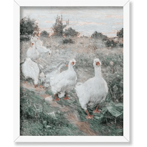 Poster Master Vintage Illustration Poster - Retro Impressionism Print - Gift for Artist, Friend - Geese, Spring Farmhouse, Animal, Adorable - Wall Decor for Home, Nursery, 8x10 White Framed