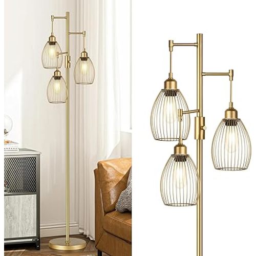 Dimmable Industrial Floor Lamps for Living Room, Gold Tree Standing Tall Lamps with 3 Elegant Teardrop Cage Head & 800 Lumens LED Bulbs for Bedroom Office