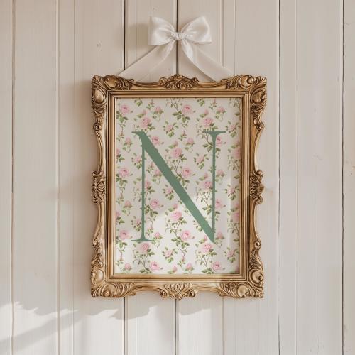Custom Pink Roses Sage Green Initial Print Baby In Bloom Chinoiserie Woodland Personalized Wall Baby Girl Nursery Vintage Coquette Toile
