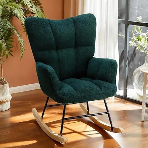 DUMOS Rocking Chair with High Backrest, Teddy Upholstered Indoor Reading Glider Chair with Comfy Seat for Bedroom, Living Room, Office, Green