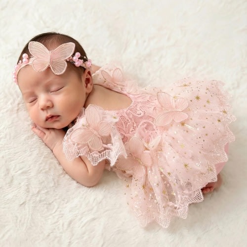 Newborn Girls Photography Prop Outfit Butterfly Tulle Lace Romper with Headband Newborn Dress