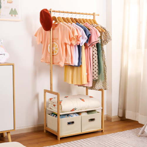 Vigorpro Bamboo Kids Clothing Rack with 2 Storage Baskets & Adjustable Hanging Rods