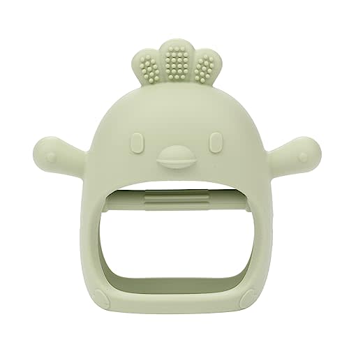 AIXMEET Silicone Baby Teething Toys, Chick Baby Teether Toy for 3+ Months, Baby Chew Toys for Sucking Needs, Never Drop Baby Mitten Teether for Soothing Teething Pain Relief, Easy Clean (Green)
