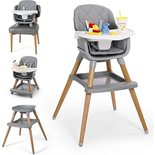 7 in 1 Baby High Chair for Babies and Toddlers with Large Storage Footrest, Booster Seat, Convertible Wooden High Chair with 3-Tier Removable Dishwasher Safe Tray, 5 Point Harness, Classic Gray
