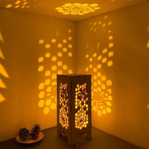 Jamjam Wood Honey Bee Lamp-Honeycomb Night Light, Vintage Honeycomb Bedside Lamp Lantern for Home Decor, Honeycomb Mood Lighting Projection for Beekeeper Gift, Side Light Fixture Table Lamp