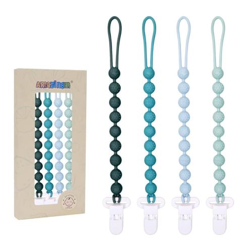 One Piece Design Silicone Pacifier Clip Holder,Pack of 4 Flexible Paci Leash,Binky Clips with Textures for Baby Boys and Girls,Newborn Essential (Green)