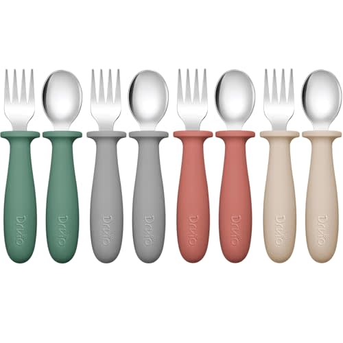DRKIO 8 Pieces Toddler Utensils Set - Kids Silverware Set with Silicone Handle Children Safe 18/8 Stainless Steel Forks and Spoons Anti-Choke Design Food Grade Dishwasher Safe