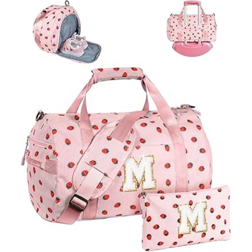Christmas Gifts for Teen Girl, Girls Gym Bag, Kids Personalized Weekend Duffel Bags with Shoe Compartment, Initial Travel Tote with Makeup Pouch, Cute Stuff for Teenager (Letter M)