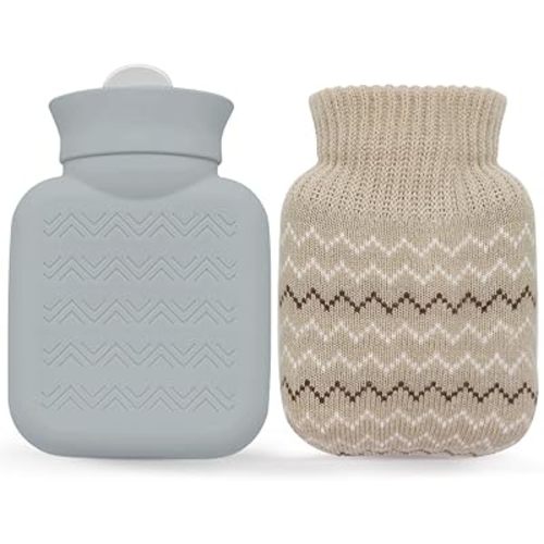 320ml Hot Water Bottle with Knited Cover, Mini Hot Water Bag for Pain Relief, Waist, Back, Neck, Shoulders, Small Leak Proof Hot Water Bottle with Removable Cover for Women, Kids, Best Gifts