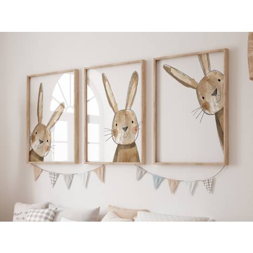 Bunny Nursery Art, Toddler Woodland Farmhouse Decor, Cute Trendy Peeking Bunny Peek-A-Boo Prints, Baby Shower Gift for Boy or Girl PC18