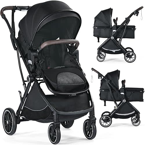 Baby Stroller, 3 in 1 Folding High Landscape Infant Stroller & Convertible Bassinet Pram for Newborn, Portable Baby Carriage Pushchair W/Adjustable Canopy, Cup Holder, Storage Basket, Black