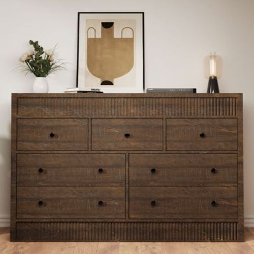 Fluted 7 Drawer Dresser, 54" Wide Walnut 7 Chest of Drawers with Double Waveform Fluted Panel, Wooden Cabinet for Bedroom Living Room Nursery