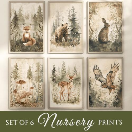 Set of 6 Nursery Prints | Forest Animals Gallery Wall Set, Cottagecore Wall Art, Watercolor Drawing Aesthetic, Baby Room Wall Art