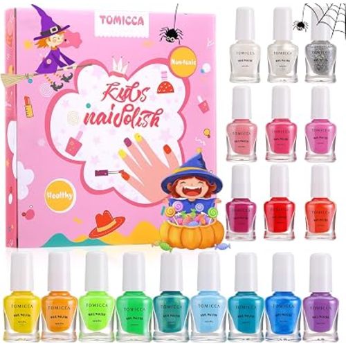 TOMICCA Kids Nail Polish Sets, 18 Pcs 100% Non Toxic Peel Off Water Based Safe Quick Dry Nail Polish Kit, Birthday Gifts Nail Paint Set for Girls (Ages 3+)