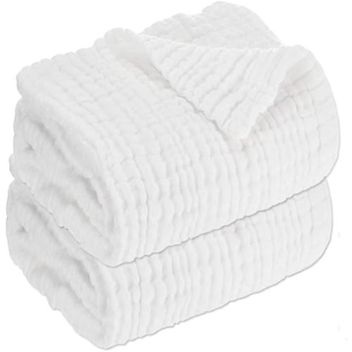 Aablexema Baby Muslin Bath Towels - Set of 2 Large Size 43X43 Inches Swaddle Blanket for Newborn Toddlers Boys Girls (White)