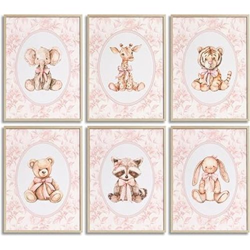 Baby Safari Animals Wall Art Animals Pink Bow Nursery Wall Decor Cute Giraffe Elephant Tiger Bear Rabbit Raccoon Picture Painting Poster Print Artwork for Baby Room Girl Room Kids Room Decoration