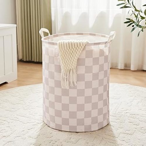 Ohocut Beige Khaki Checkered Laundry Basket, Collapsible Aesthetic Cute Canvas Organizer Hamper Basket for Storage, Toy Bins, Bedroom Clothes, Children Nursery, Gift Basket