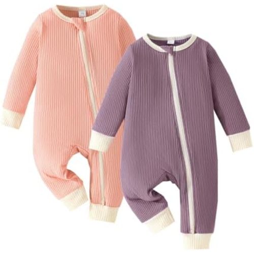 Bafeicao Unisex Baby Boy Girl 2 Pack Rompers Long Sleeve Two Way Zipper Romper One Piece Jumpsuits Clothes Sets