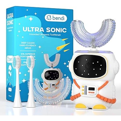 Sensory 360 Round U-Shaped Astronaut Design Mouthguard Electric Toothbrush for Kids Ages 2-7 - Automatic Memory Function - 5 Modes Toothbrush with Multiple Heads – Kids Travel Essentials (White)