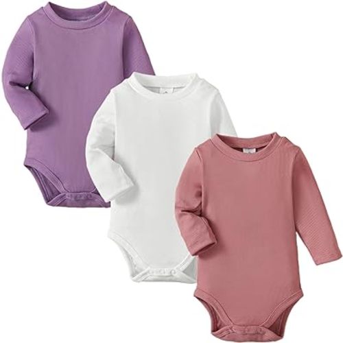 OPAWO Long Sleeve Onsies for Baby Girls' Bodysuits Newborn 3 Pack Infant Ribbed Fall Baby Girl Romper Undershirt