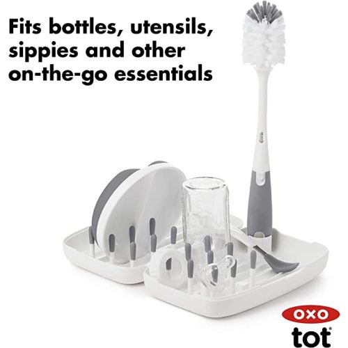 OXO Tot Travel Drying Rack + Bottle Brush Bundle | Portable Cleaning Accessories for Bottles, Parts, and More - Gray - Travel Drying Rack + Brush 1 Count