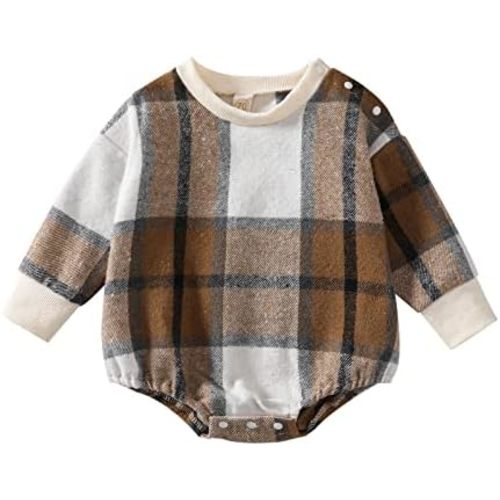 Baby Girl Boy Plaid Flannel Sweatshirt Romper Oversized Crewneck Long Sleeve Bubble Bodysuit Fall Winter Outfit