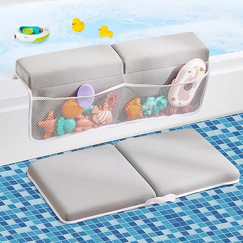 Baby Bath Kneeler and Elbow Rest Pad Set,Bath Kneeling Pad Thick Soft Quick Dry Baby Bathtub Mat for Baby Bathing Time,Baby Essentials Memory Foam with Toys Organizer Gifts for Parents,Grey