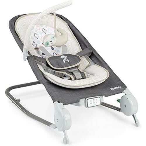 Ingenuity Happy Belly Rock-to-Bounce Seat, Music, Belly Massage & Vibration, Detachable Toy Bar, Plush Sloth Toy, for Ages 0-6 Months, Grey - Parker