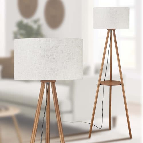 Baobab Tree Park Wood Tripod Floor Lamp with Shelves,Linen Shade Boho Farmhouse Wooden Floor lamp for Living Room, with Three Color temparature Bulb Included,footswitch,ETL Listed/Brown Wood Color