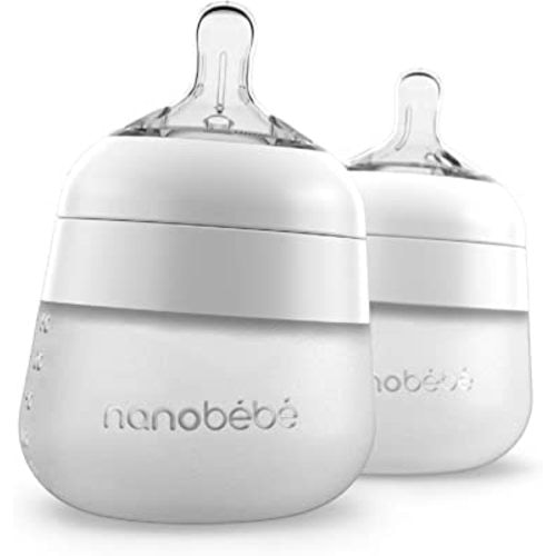 Nanobébé Flexy Silicone Baby Bottle, Anti-Colic, Natural Feel, Non-Collapsing Nipple, Non-Tip Stable Base, Easy to Clean 2-Pack, White, 5 oz