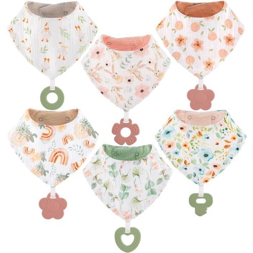 Baby Bandana Drool Bibs 6-Pack and Teething Toys 6-Pack Made with 100% Organic Cotton, Absorbent and Soft Unisex - Muslin Bibs Pattern Girlsl