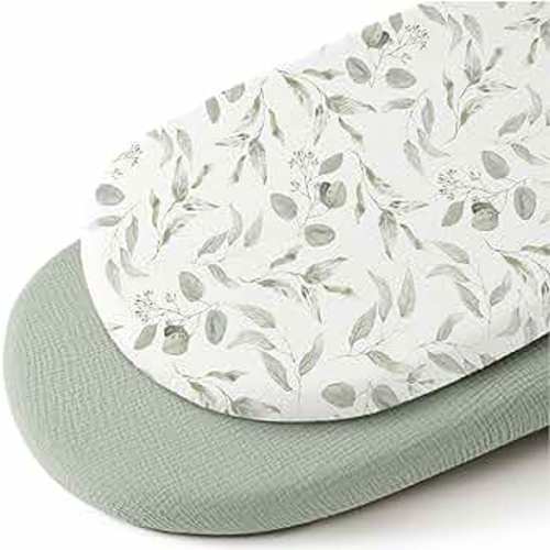 Konssy 2 Pack Muslin Fitted Bassinet Sheets for Baby Girl Boy, Soft Breathable Baby Bassinet Sheets Fit for Baby Bassinets, Cradle, Moses Basket Oval Rectangle Pad/Mattress (Green,Watercolour)